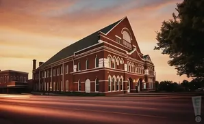 A brick building with a steep roof against a sunset sky.
