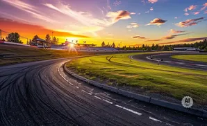 Race track at sunset with a colorful sky, grandstands, and tire marks on the asphalt.