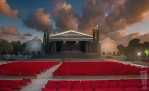 Outdoor amphitheater with rows of red seats facing a stage, under a dramatic sunset sky.