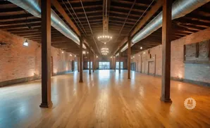An empty industrial-style event space with exposed brick walls, wooden beams, and a polished wooden floor.