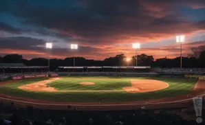 A baseball stadium at sunset, with lights on and a vibrant sky.