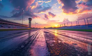 A wet race track reflects a colorful sunset with dramatic clouds over a grandstand and tower.