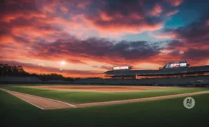 Baseball stadium at sunset with a dramatic sky.