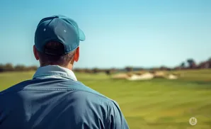 Man in a blue baseball cap and jacket looks out over a golf course.