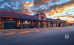 A modern building with wood siding and large garage doors at sunset.