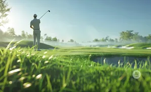 A golfer in a light-colored outfit swings a club on a misty golf course with green grass and sand traps.