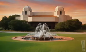 A grand building with domes and a fountain in front under a sunset sky.