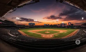 A baseball stadium at sunset, with lights on and a vibrant sky.