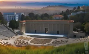 An outdoor amphitheater with a large stage building and seating areas, set against a misty mountain landscape.