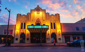 Art Deco theater at sunset with illuminated marquee and colorful sky.