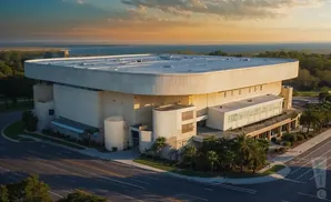 An aerial view of the large, tan, rectangular Amway Center arena with a flat roof, surrounded by palm trees and a highway during sunset.