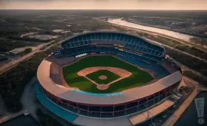 Aerial view of a baseball stadium with a river and trees in the background during sunset.