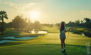 A woman on a golf course at sunset.