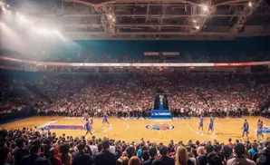 A basketball game is underway in a packed arena with players in blue uniforms on the court.