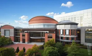 Exterior view of a modern performing arts center with a large copper dome and glass facades.