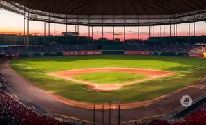 Baseball stadium at sunset with green field and empty seats.