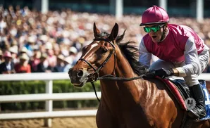 A jockey in a pink racing silks and green sunglasses races a brown horse on a sunny day.