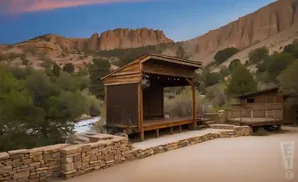 Outdoor stage and seating area next to a river with a scenic mountain backdrop at sunset.