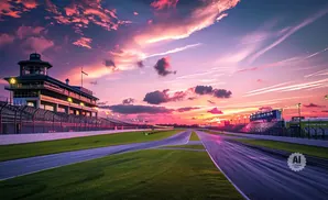 Racetrack at sunset with vibrant pink and purple clouds.