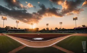 A baseball field at sunset with dramatic clouds and stadium lights.