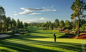 Golfer on a lush green golf course, with trees and sand traps, under a blue sky with clouds.
