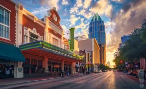 A street in Austin, Texas at sunset, with the Congress Avenue Bridge in the distance.