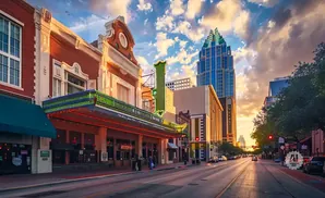 Austin's historic Paramount Theatre and modern skyline at sunset.