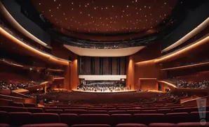 An orchestra performs on stage in a modern, wood-paneled concert hall with tiered seating.