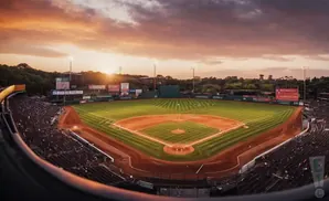 A baseball stadium at sunset, with a dramatic orange and purple sky and bright lights illuminating the field.
