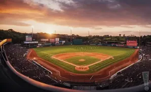 A baseball field at sunset, with stadium seating and a warm, orange sky.