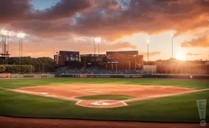 A baseball field at sunset with a golden sky and clouds above the stadium lights and bleachers.