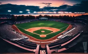 A baseball field at dusk with stadium lights on, surrounded by empty bleachers.