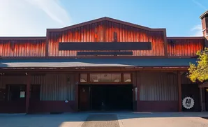 An old red barn with a dark opening and a sign.