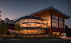 Modern office building with curved glass facade, illuminated at dusk.
