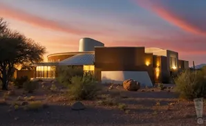 A modern desert home with a curved roof at sunset.