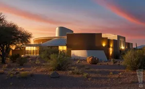 Modern desert home at sunset with pink and orange sky.
