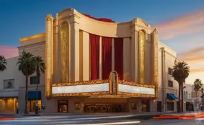 Marquee of a grand, ornate theater with gold accents and red curtains at sunset.