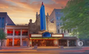 Vintage movie theater facade with a large blue marquee and glowing lights at sunset.