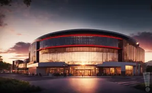 A modern, curved building with large glass windows and a red illuminated band around its upper level at sunset.