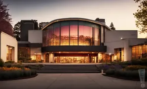 Modern building with curved glass facade and landscaped entrance at sunset.