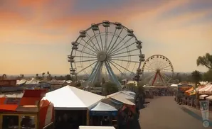 An amusement park with two Ferris wheels, tents, and people under a hazy orange sky.