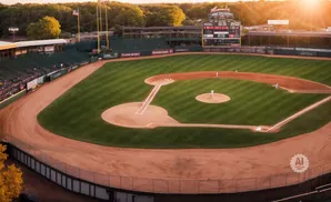Aerial view of a baseball field at sunset.