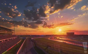 Race track at sunset with dramatic clouds and orange sky.