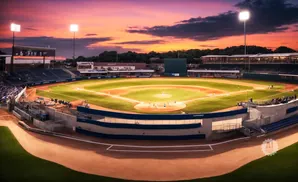 A baseball field at sunset with bright lights and a colorful sky.