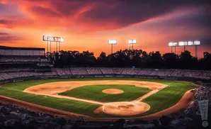 A baseball stadium at sunset, with a vibrant orange and purple sky above.