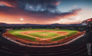 A baseball field at sunset with colorful clouds and stadium lights.