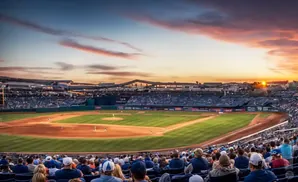 A baseball stadium at sunset, with a game in progress and fans in the stands.