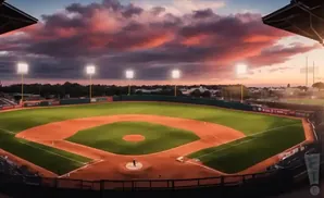 Baseball stadium at sunset with dramatic pink and purple clouds, bright lights illuminating the field.