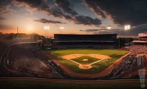 A baseball stadium at sunset, with the field illuminated and the sky filled with dramatic clouds.