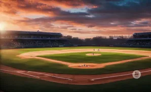 A baseball field at sunset with a dramatic sky and stadium lights.